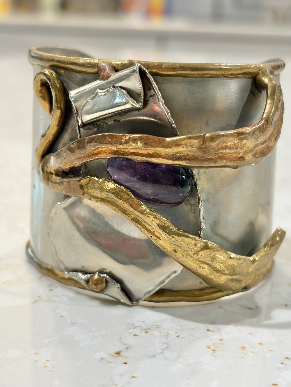 Artisan Mixed Metal Wide Cuff Bracelet  Modernist Amethyst Cabochon Statement